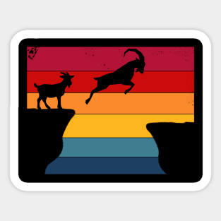 Vintage Retro Sunset Mountain Goats Jump Over Gap Sticker